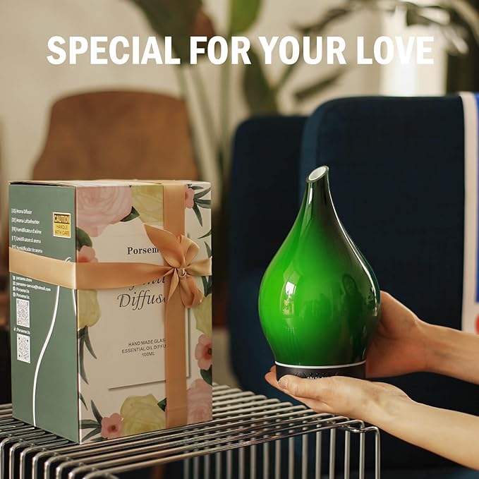 Porseme 150ml Essential Oil Diffuser Glass Color Changing Aroma Air Diffusers Aromatherapy Ultrasonic Cool Mist Humidifier 6 Running Hours Waterless Auto-Off for Sleeping Yoga Office Spa (Hulk Green)
