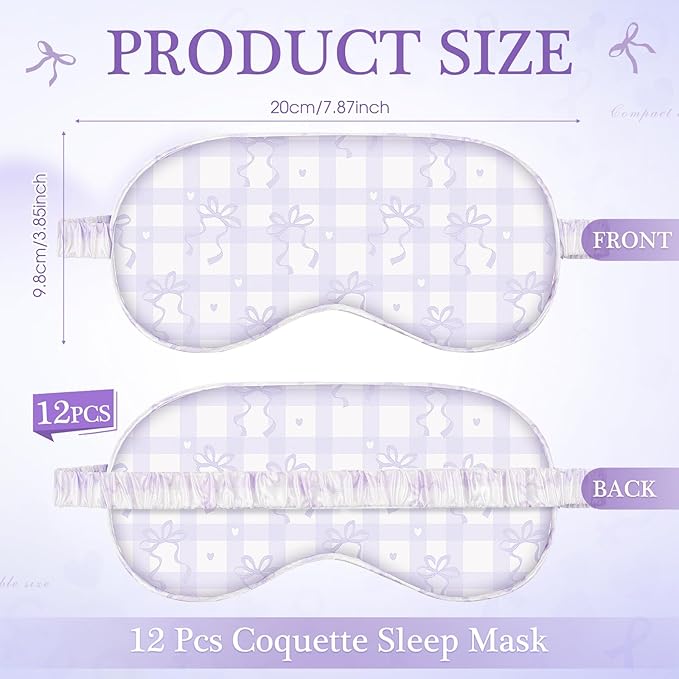 Honeydak 12 Pcs Silk Sleep Masks for Women Girls Purple Bow Party Favors Adjustable Eye Masks for Birthday Sleepover Spa Sweet 16 Party Gifts