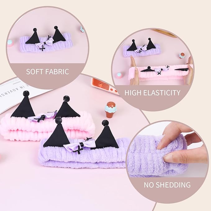 Spa Headband for Washing Face, 2 Pack Cute Hair Band for Shower Yoga Beauty, Fluffy Makeup Headband, Kawaii Facial Headbands for Woman Girls,Purple+Pink Ear
