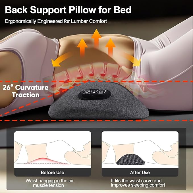 3 in 1 Back Massager, Electric Lumbar Support Pillow Heat Vibration Massage Lower Back Spine Decompression Device, Light Gray