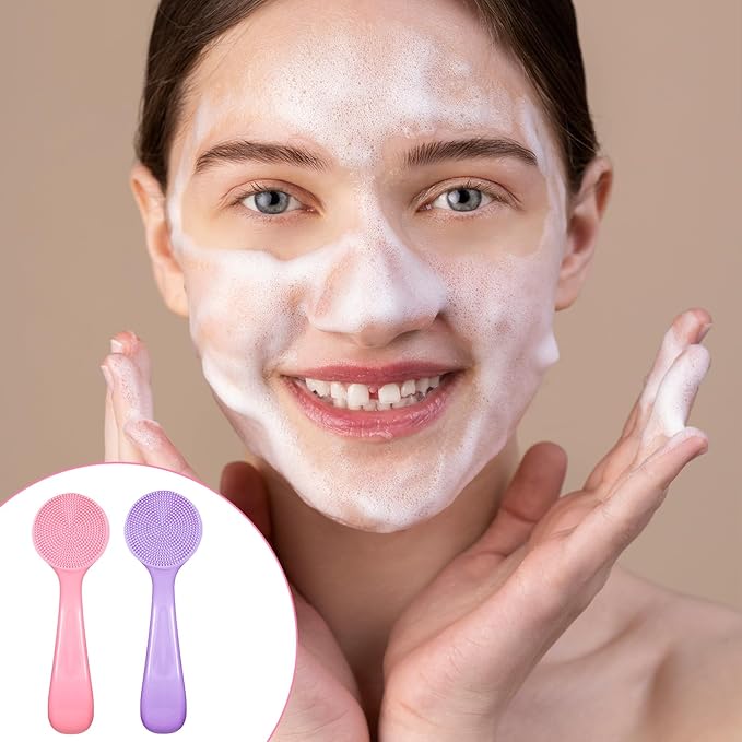2 Pcs Face Scrubber Silicone Manual Facial Cleansing Brush Soft Facial Brushes Waterproof Exfoliating Brush Skin Friendly Face Cleaner Brushes for Blackheads Makeup Residues Removal (Pink + Purple)