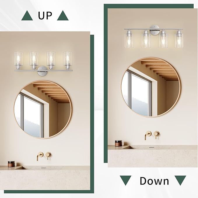 Espird Bathroom Vanity Light Fixtures Brushed Nickel,4 Lights Rustic Farmhouse Vanity Bar Lighting Over Mirror Modern Industrial Wall Sconces Lamp with Cylinder Glass Shade