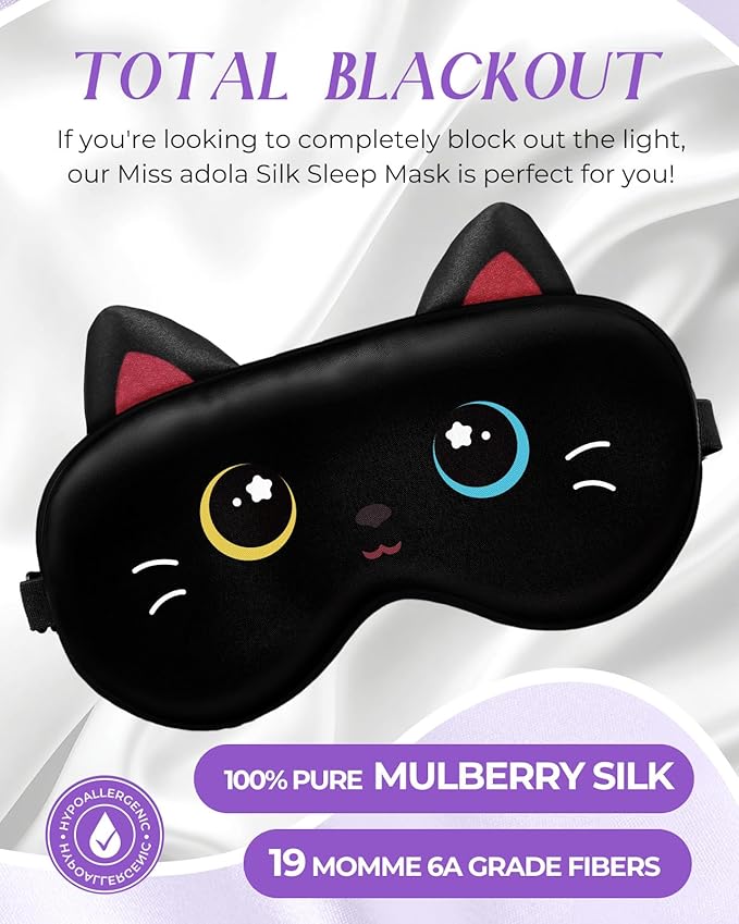 Miss Adola Sleep Mask for Kids - Valentines Gift for Kids Cute Silk Eye Cover for Sleeping Soft Kawaii Eyeshade Animal Eye Blindfold with Adjustable Strap for Girls Teens, Black Cat