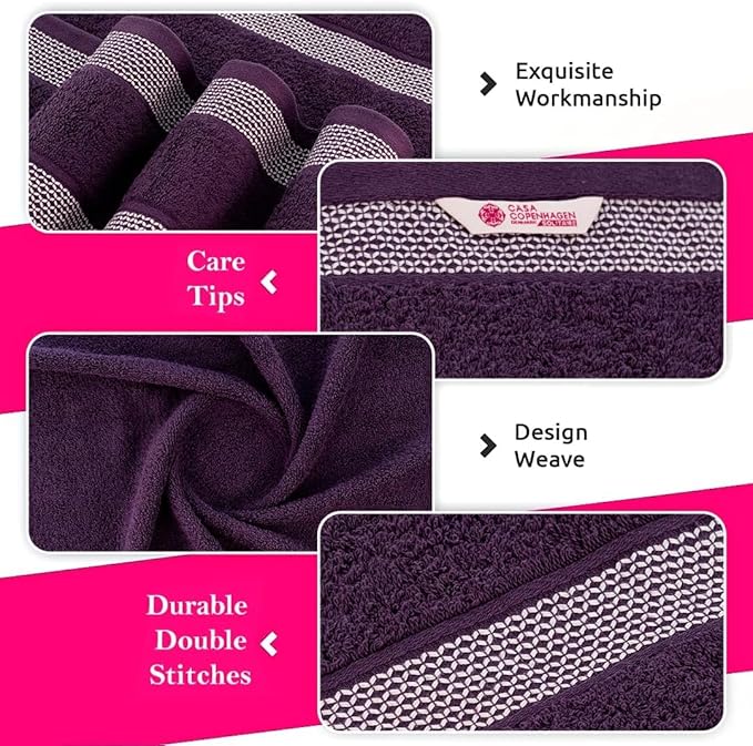 CASA COPENHAGEN Solitaire 6Pcs 100% Egyptian Cotton Large Designer Towels Gift Set- Black - Dark Purple, 600GSM, 2Bath 2Hand 2Washcloths, Bath Towels for Bathroom Set for Women & Men