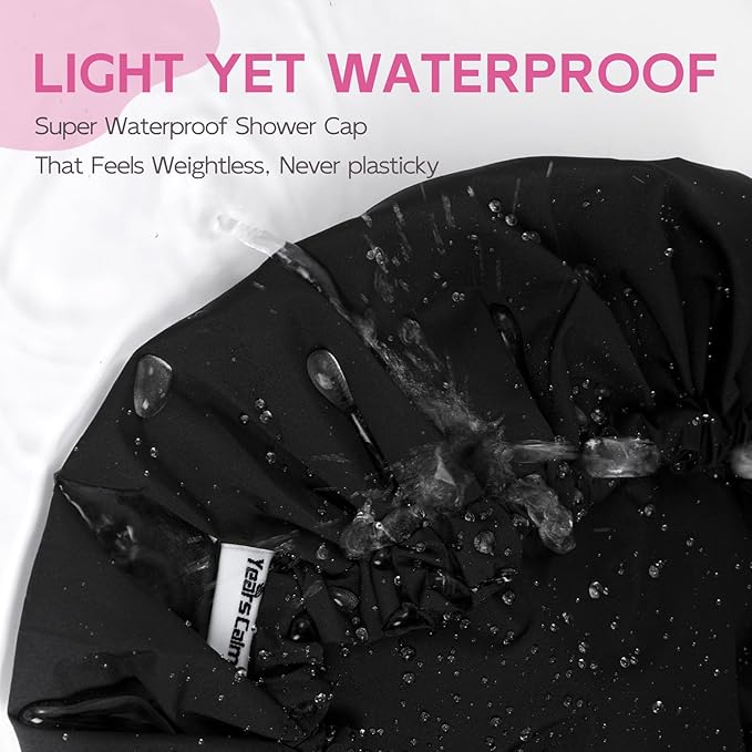 Years Calm Shower Cap for Women Waterproof Reusable – 27g Ultra Lightweight Double-Layer Shower Bonnet, Secure Fit for Long, Curly Hair, Travel & Spa (Black)
