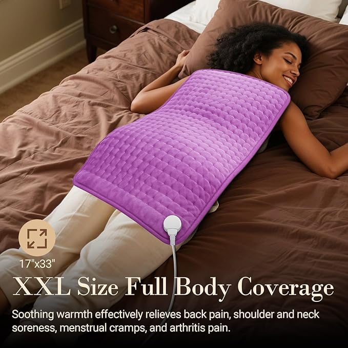 CuPiLo Heating Pad for Back Pain Relief, FSA Eligible HSA 17"x33" Large Heat Pad for Period Cramps, Electric Heating Pads for Back, 6 Heat Settings, Auto-Off, Mothers Day Gifts for Mom(Purple)