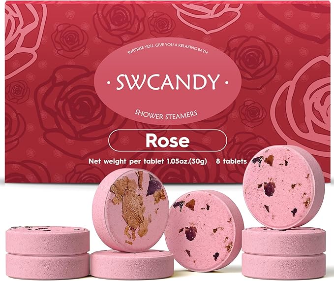 SWCANDY Shower Steamers Aromatherapy Birthday Gifts for Women Travel Essentials, 8 Pcs Rose, Bath Bombs Shower Bombs with Natural Essential Oils, Relaxation Home SPA