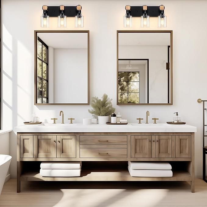 Licperron Farmhouse 3-Lights Wood Bathroom Vanity Light, Rustic Black Bathroom Light Fixtures Over Mirror, Vintage Vanity Wall Sconce Light with Clear Glass Shades for Living Room, Bedroom, Hallway