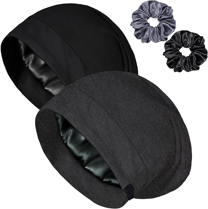 Satin Bonnet for Sleeping Night Cap, Adjustable Satin Lined Silk Bonnets Sleep Cap for Curly Hair Braids Beanie Black Women