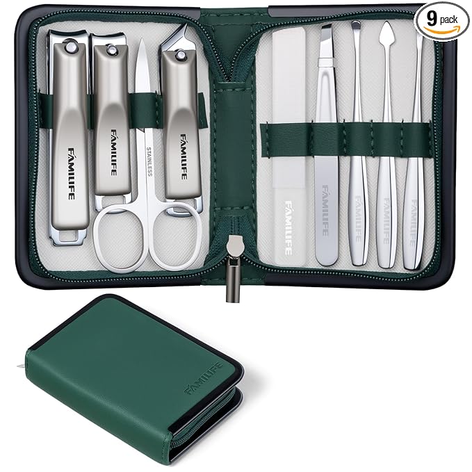 FAMILIFE Manicure Kit for Women, 9 Pcs Carbon Steel Nail Grooming Kit with Compact Case, Stylish Green Travel Manicure Set for Home, On-the-Go Care, Daily Use Nail Clipper Set (Green)