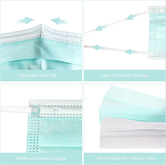 akgk Disposable Face Masks 100Pcs, 3 Layer Protective Face Mask Green Face Masks