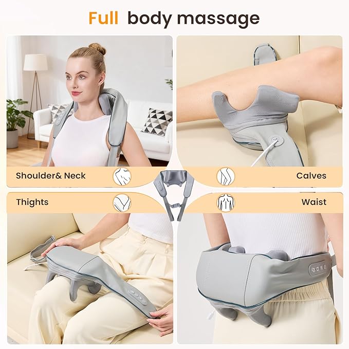 4D Wireless Deep Tissue Kneading Neck Massager with Heating Function, Shiatsu and Shoulder Massager Pillow,Back and Leg Pain Relief, Body Muscle Pain Relief, Perfect Gifts for Men Women. (Grey)