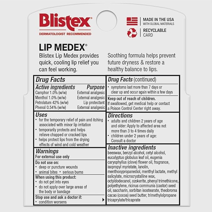 Blistex Lip Medex Stick, 0.15 oz Each, Advanced Hydration, Medicated Relief with Cooling, Soothes and Protects, Restores Healthy Moisture Balance to Lips, 3 Count, 1 Pack