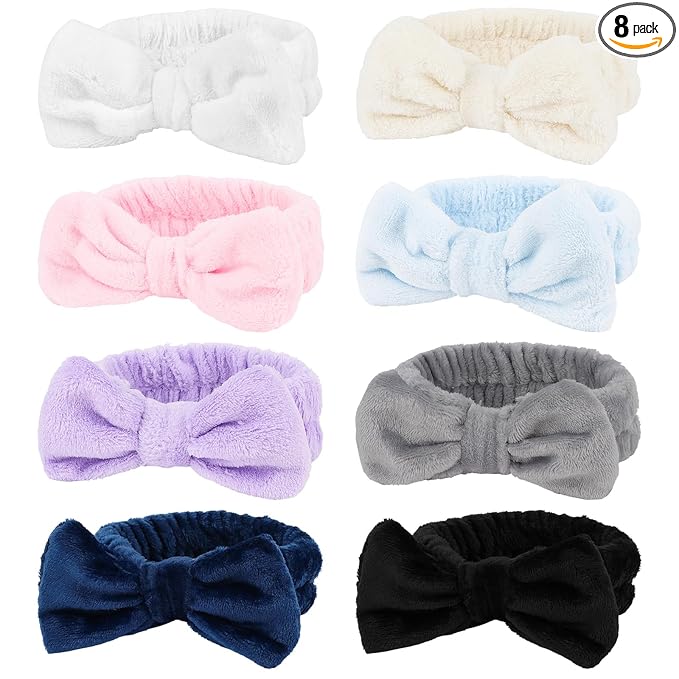 8 Pack Spa Headband for Washing Face Stocking Stuffers Skincare Headbands Bulk for Women Girls Soft Coral Fleece Hairband Cute Bow Headbands for Washing Face Makeup