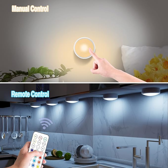 ILYXY Puck Lights with Remote, 6 Pack LED Under Cabinet Lighting Dimmable Push Battery Operated Under Counter Tap for Kitchen, Multicolor Transformation Stick On, Shiny White