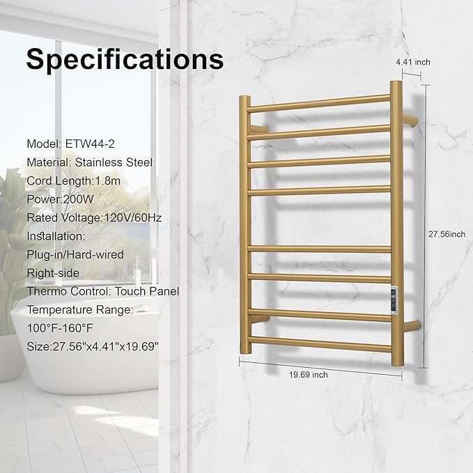 Electric Heated Towel Warmer - Wall Mounted Bathroom Towel Rack, Plug-in Design & Gold Brushed Stainless Steel Finish 8 Bar Gold with Timer & Temperature Control