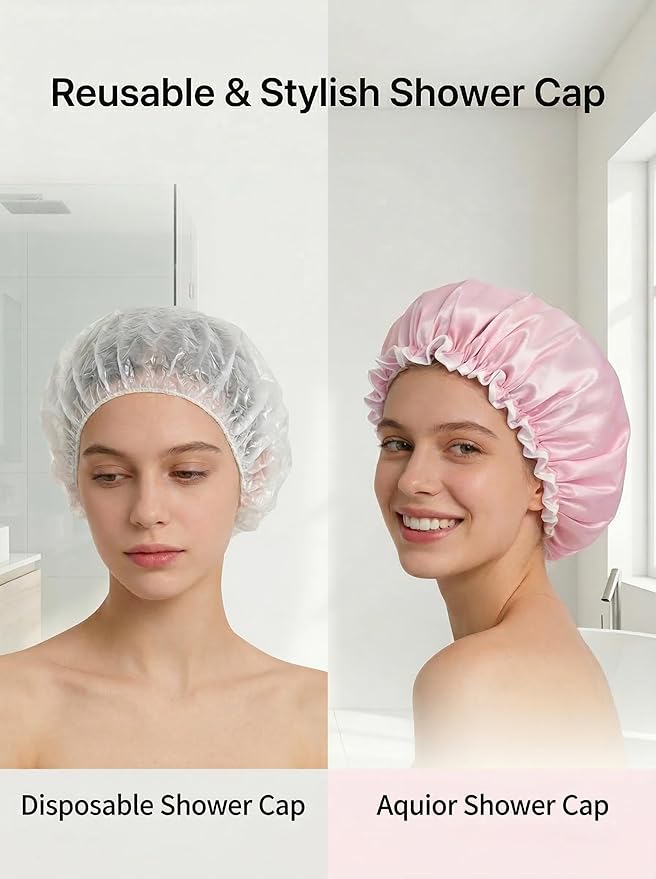 Aquior Shower Cap for Women, Waterproof Reusable Hair Cap with Soft Elastic, Large Size for Long Hair, Cute Pink Bath Cap for Shower, Skincare, Cooking, Spa and Travel Use
