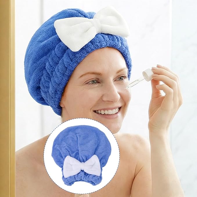 2PCS Hair Towel Wrap for Women, Soft Microfiber Hair Drying Caps with Bow, Super Absorbent Fast Drying Towel Wrap for Shower Bathroom Daily - Pink, Blue
