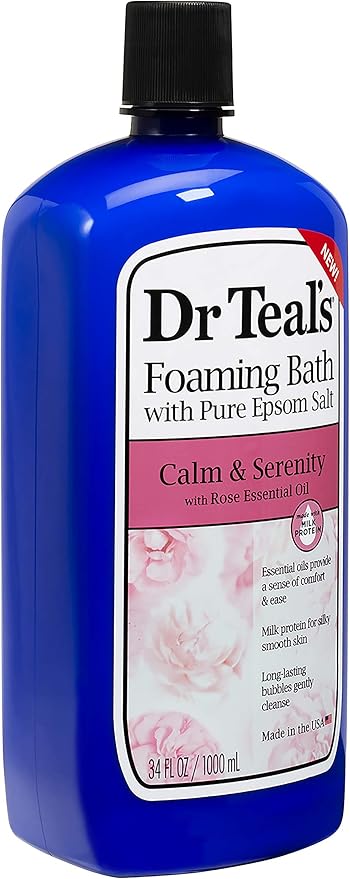 Bundle of Dr Teals Calm & Serenity with Rose Essential Oil (Made with Milk Protein): Pure Epsom Salt Soaking Solution 3 LBS & Foaming Bath 34 FL OZ