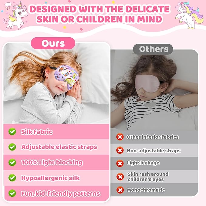 2 Pcs Sleep Mask for Kids Girls, Silk Eye Covers for Sleeping, Adjustable Strap & Light Blocking Design, Children's Bedtime Blindfold for Travel and Home Use with Gift Box (Rainbow Unicorn)