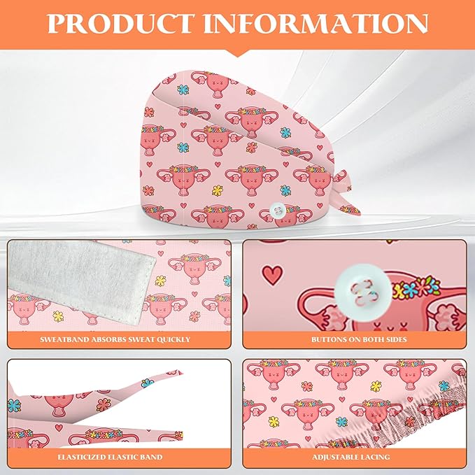 Adjustable Scrub Cap with Buttons & Sweatband, Working Hat with Elastic Tie Back, Unisex Nurse Surgical Caps for Women & Men