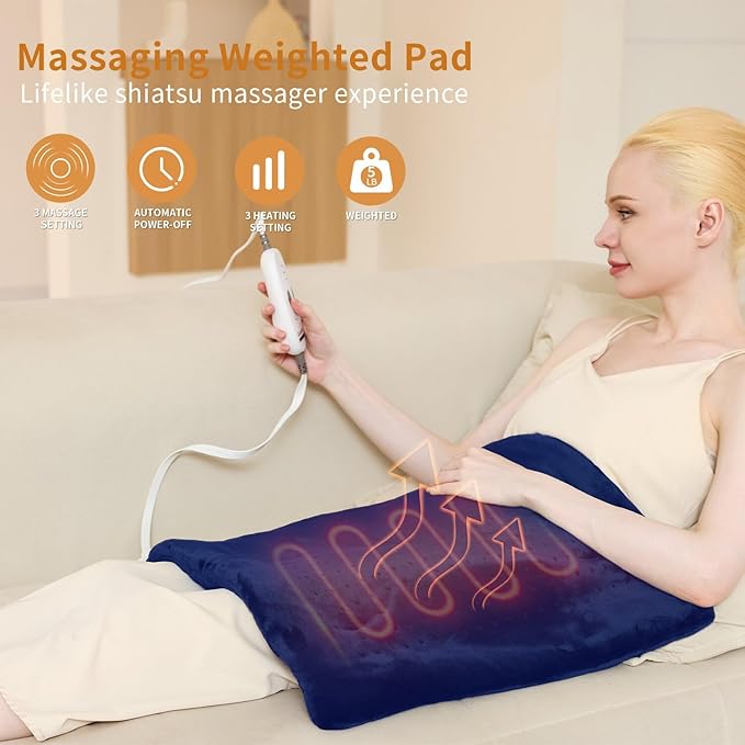 Back Heating Pad for Neck and Shoulders, Weighted Massaging Heated Pad with Vibration,Electric Heat Pad with 3 Heat Settings 6 Massage,Gifts for Women Men Mom,Auto Off,20"*24",Dark Blue