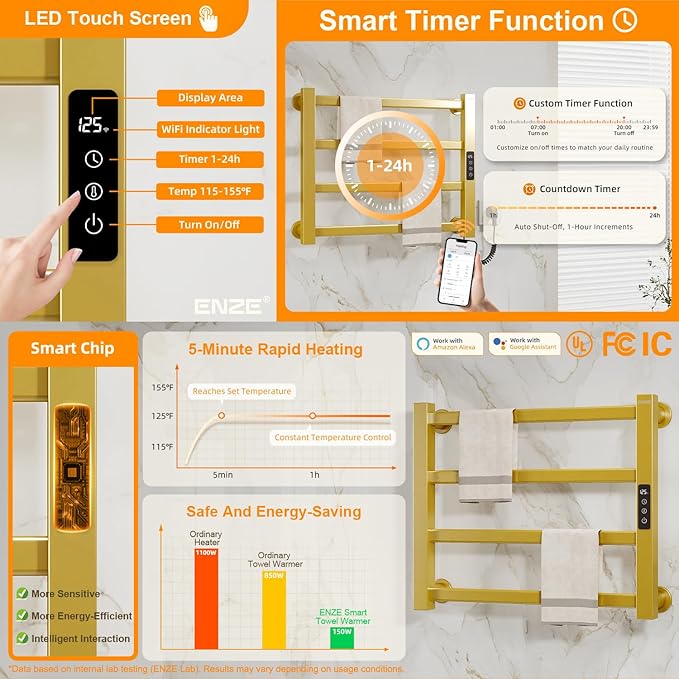 ENZE Smart Luxury Heated Towel Rack, 4-Bar Gold Electric Towel Warmer 115W, Wi-Fi App Control & LED Touch Screen, Adjustable Temperature & 24H Timer, IPX5, 2 in 1 Installation, Low Carbon Steel
