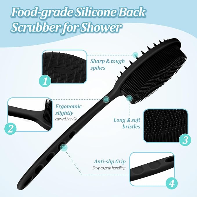 Silicone Back/Body/Face Scrubber & Soft Bath Glove Set 4PCS, Gentle Exfoliating Back & Body Scrubber with Dual-Side Brush Head, Hand-fit Bath Glove & Face Scrubber for Deep Cleaning(Black-4PC)