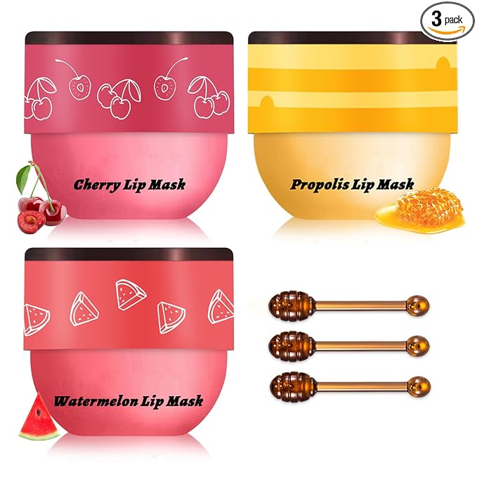 Honey Pot Lip Balm,3PCS Bee Lip Balm Honey Pot Cherry Watermelon Lip Scrub,Fade Lip Lines Prevention Dry and Cracked Lip Mask Overnight (Honey+Watermelon+Cherry)