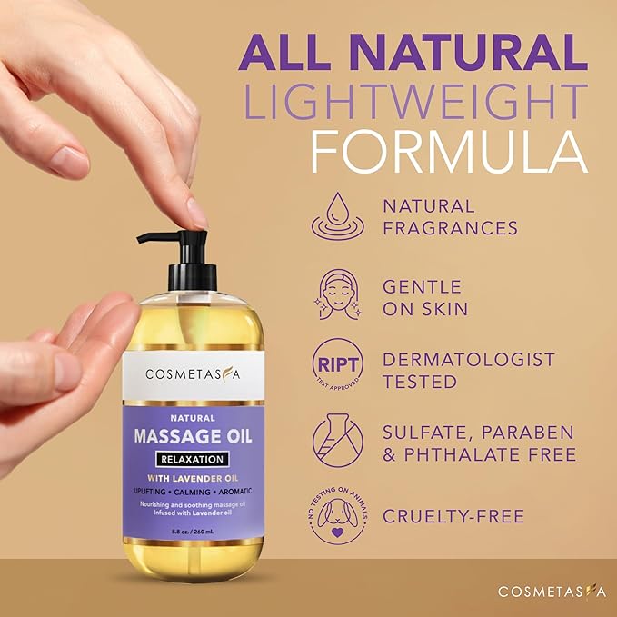 Cosmetasa Lavender Massage Oil for Massage Therapy - All Natural, Cruelty-Free & Spa Quality Skin Therapy Oil, Calming & Soothing Care - Lavender, Geranium & Grapeseed Oil (16.9 oz)