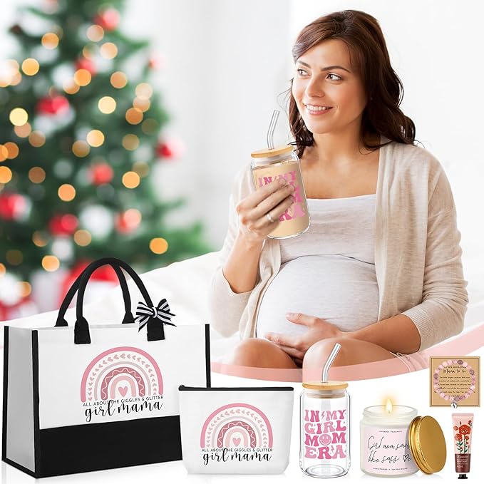 7 Sets Girl Mom Gifts for New Mom Gifts Tote Bag Makeup Bag Candle Bracelet Cup Handcream for Mother Day Women After Birth Pregnancy Gift First Time Expecting New Mommy Essentials