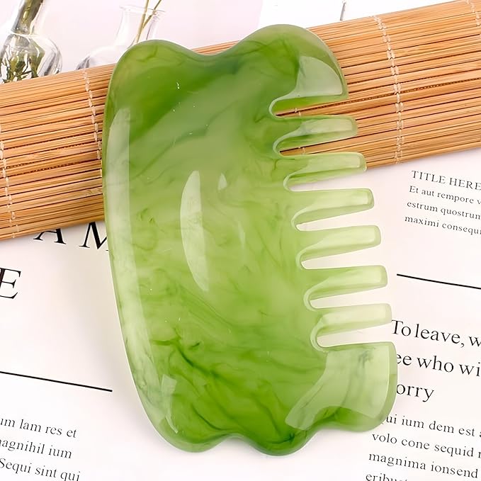 Gua Sha Scraping Massage Tool, GuaSha Facial Set, Natural Resin GuaSha Massage Tools for Rejuvenate Skin Anti-Wrinkle Anti Aging (Green, Gua sha Comb)