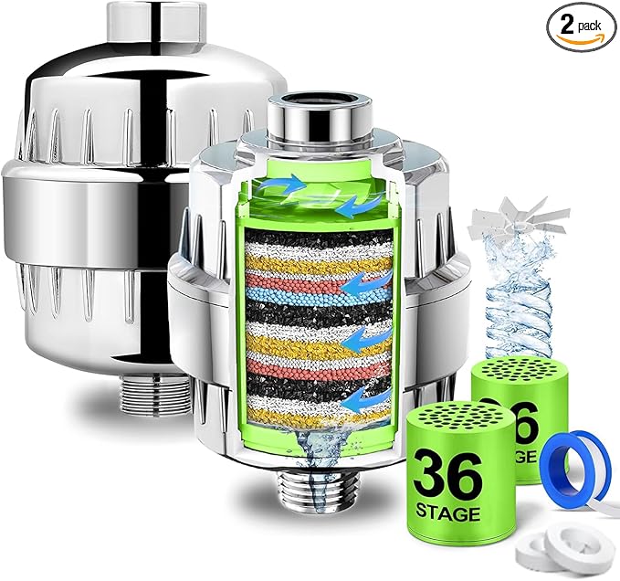 2 Pcs Shower Filter, 36 Stage Shower Head Filter for Hard Water,Heavy Duty Water Softener,Shower Showerhead Filter for Hard Water,Removes Chlorine,Fluoride, Vitamin C E A Infusion–Improves Skin & Hair