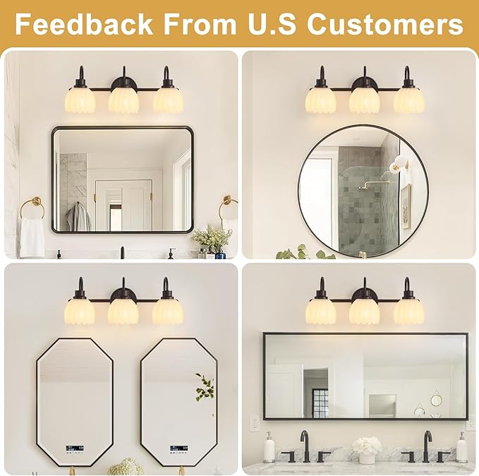 Bathroom Light Fixtures (3-Light, 20 Inch), Oil Rubbed Bronze Vanity Lights for Bathroom with Ribbed White Tulip Glass Shade, Vintage Vanity Wall Lights for Mirror Bedroom Living Room Hallway