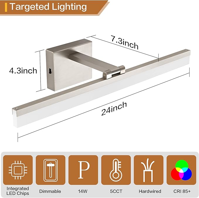 SOLFART 24 inch LED Vanity Lights Brushed Nickel Bathroom Light Fixture Bathroom Vanity Lights Over Mirror Vanity Lighting Fixtures 5 Color Temperature Dimmable Led Light Bar 5CCT