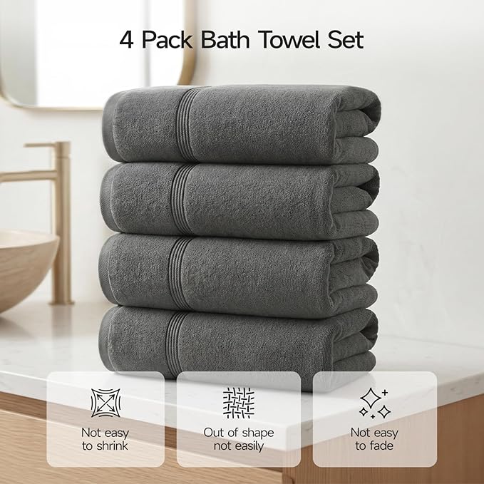 ecolook Bath Towels Set of 4,100% Cotton,27 x 55 Inches,Quick-Drying & Absorbent,Soft,Lightweight Towels for Bathroom,Shower,Spa, Gym & Hotel,Dark Gray
