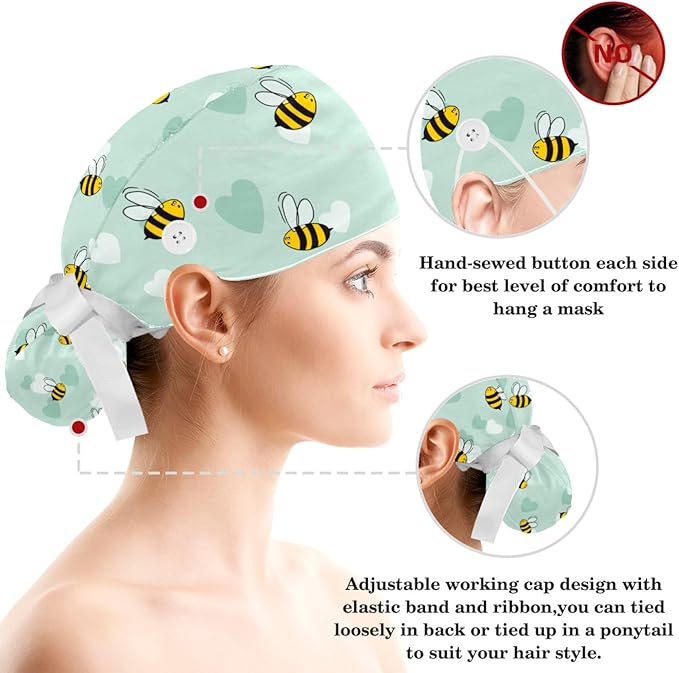 Women Working Cap with Buttons Bouffant Hat Autumn Leaves Nurse Scrub Caps Long Hair