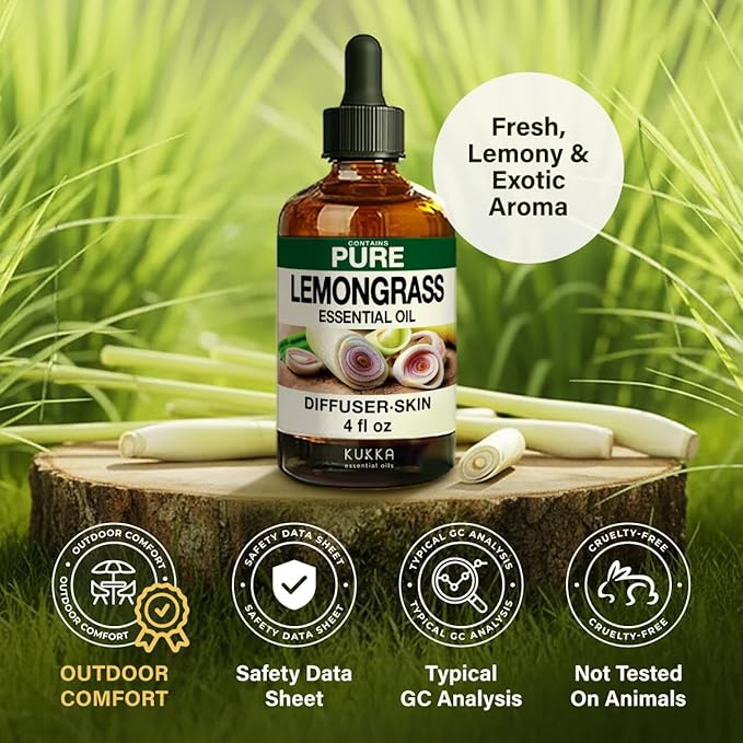 100% Pure Lemongrass Oil - 4 Fl Oz Lemongrass Essential Oil for Hair, Skin, Diffuser, Aromatherapy & DIY Soap Making Scent