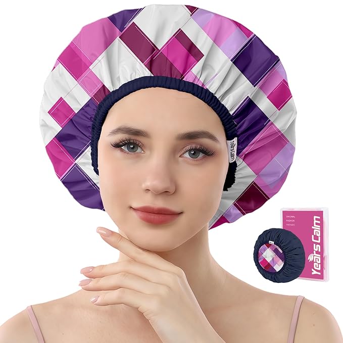 Years calm Waterproof Shower Cap for Women - Double-Layer Reusable Bath Cap with Elastic Band for Long/Short/Curly/Braids Hair, Washable & Travel-Friendly, Fit for Shower, Spa (Geometric Shower Cap)