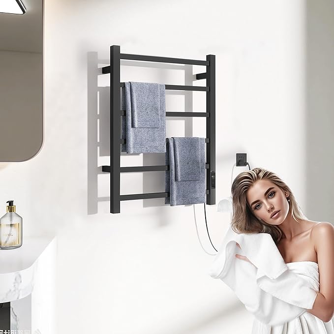 Heated Towel Racks for Bathroom, Wall Mounted Electric Towel Warmer Racks with Timer & Temperature Control, 6 Bar Stainless Steel Towel Heater for Bathroom, Matte Black, Plug-in