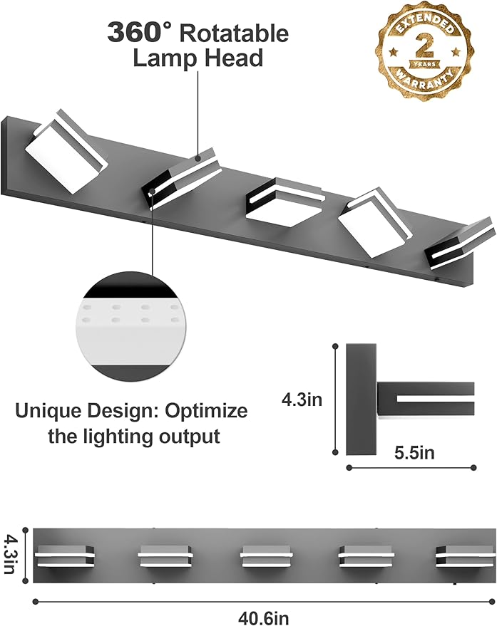 VOLISUN Modern 5-Light, 40-Inch Black Bathroom Vanity Light Fixtures, 360 Rotatable Head, LED Vanity Lights for Bathroom