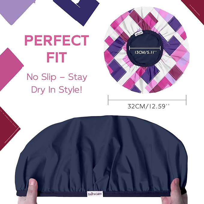 Years calm Waterproof Shower Cap for Women - Double-Layer Reusable Bath Cap with Elastic Band for Long/Short/Curly/Braids Hair, Washable & Travel-Friendly, Fit for Shower, Spa (Geometric Shower Cap)