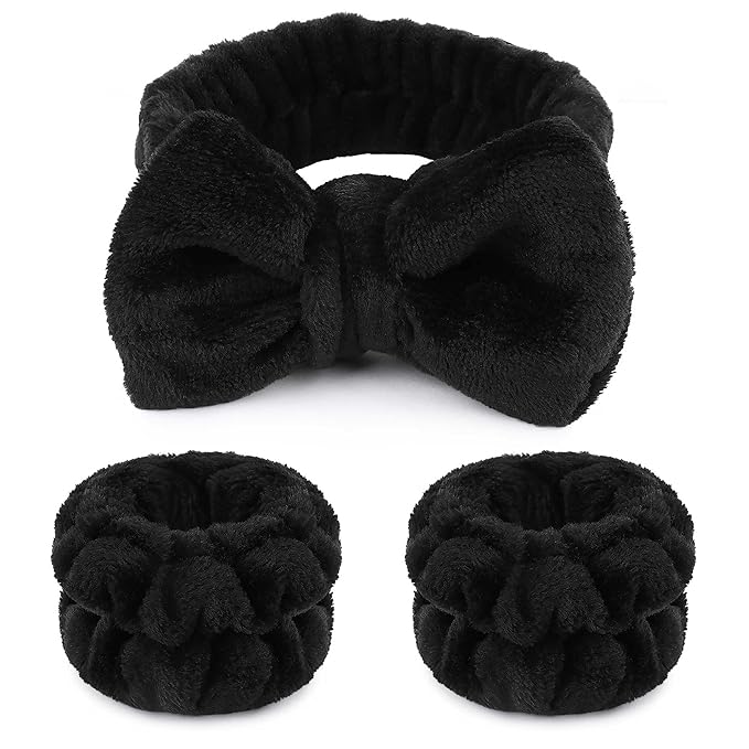 WSYUB Makeup Headbands, 1pcs Black Spa Headband Fluffy Bow Tie Headband Microfiber Face, and 2Pcs Wrist Spa Wash Band Absorbent Wristbands, for Washing Face Skin Care