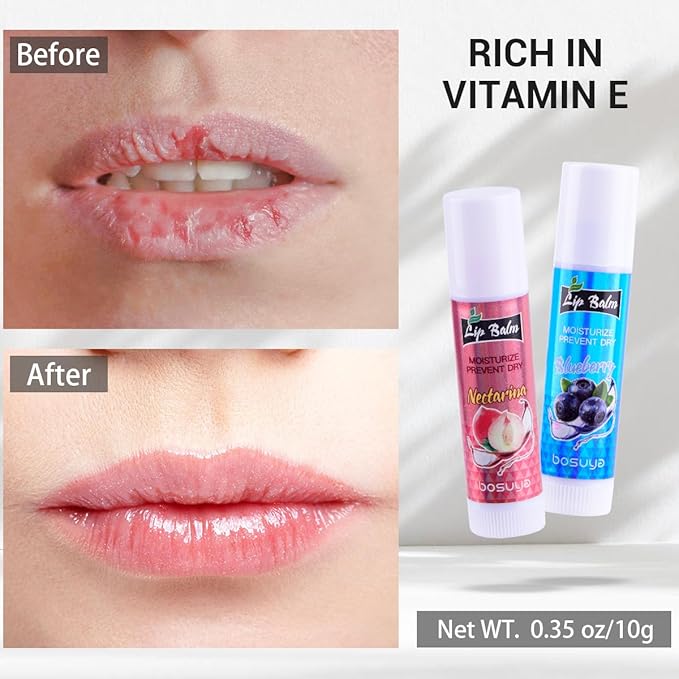 6 Pack Lip Balm, Fruit Flavoured Lip Balms, All Day Moisturising, Soft Natural Lip Balm with Vitamin E and Coconut Oil for chapped or dry lips.
