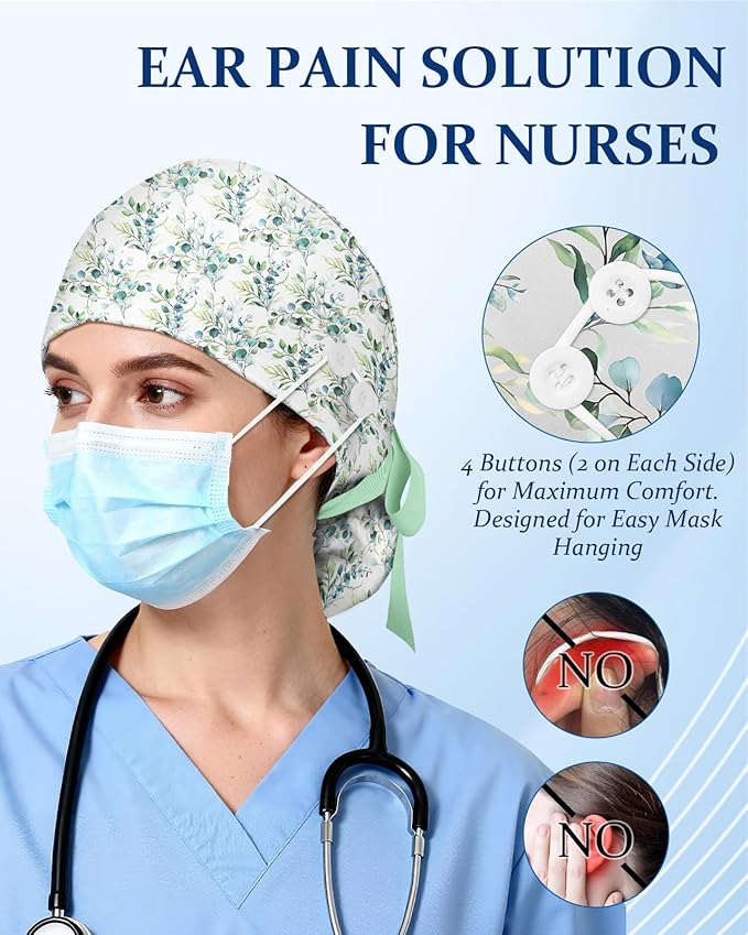 Plifal 100% Cotton Scrub Cap with Buttons-Nurse Cap with Sweatband for Women, Adjustable Working Hat,Satin Lined or Unlined