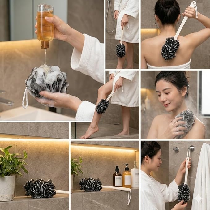 Back Scrubber for Shower, Loofah Long Handle Bath Body Brush, Soft Nylon Mesh Sponge On a Stick for Shower Men Women Kids Elderly, Exfoliating Scrub Cleaning Luffa for All Kinds of Skin(Black)