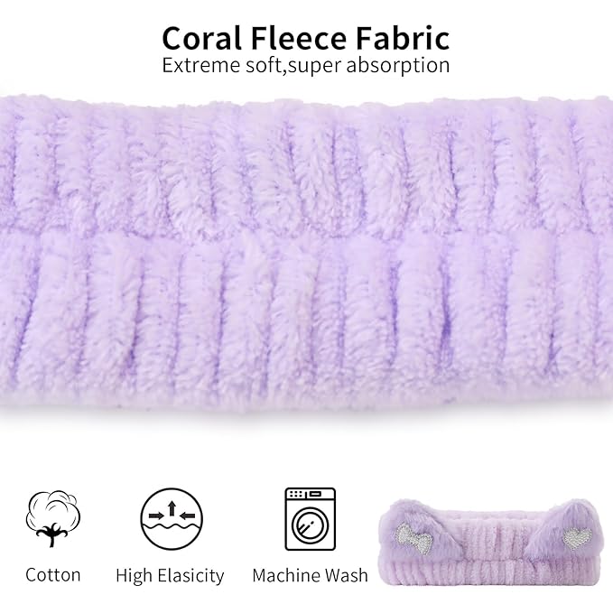 Spa Headband for Washing Face, 2 Pack Cute Cat Ear Hair Band for Shower Yoga Beauty, Fluffy Makeup Headband, Kawaii Facial Headbands for Woman Girls, Dark Pink+Purple Heart
