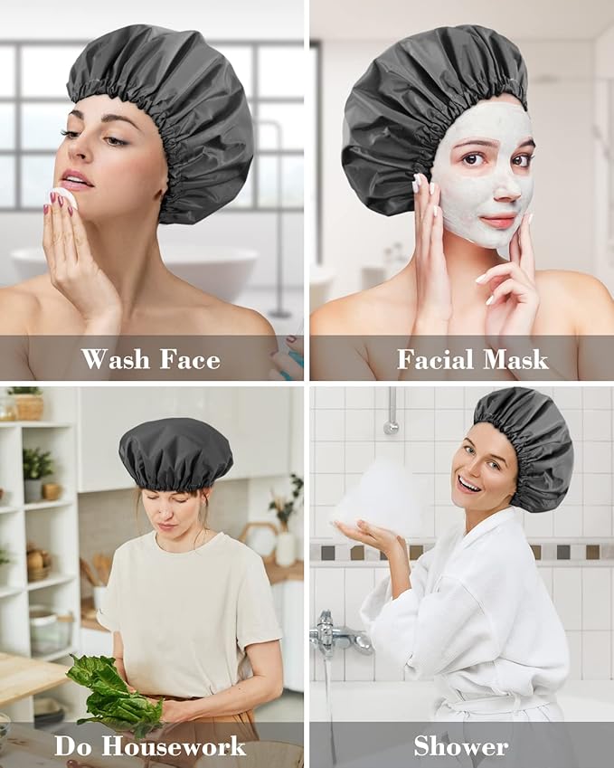 Aquior Shower Cap, Reusable Shower Cap for Women,Men, Waterproof Layer Hair Cap, Large Size for Long Hair, Braids, Curly, or Short Hair, for Girls Spa Home Salon Use (Black)