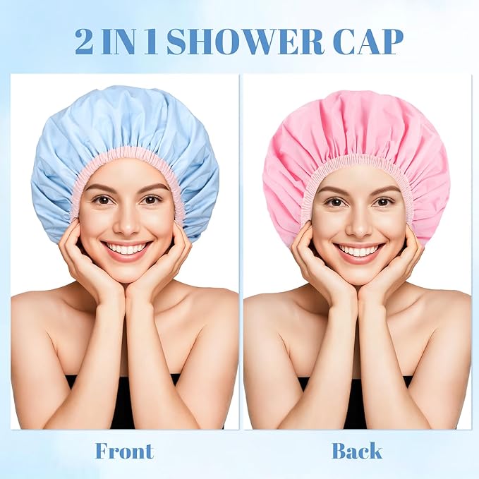 Pengxiaomei Double-Sided Shower Cap for Women, 2 in 1 Reusable Waterproof Bath Cap for Women Girls Long Thick Hair