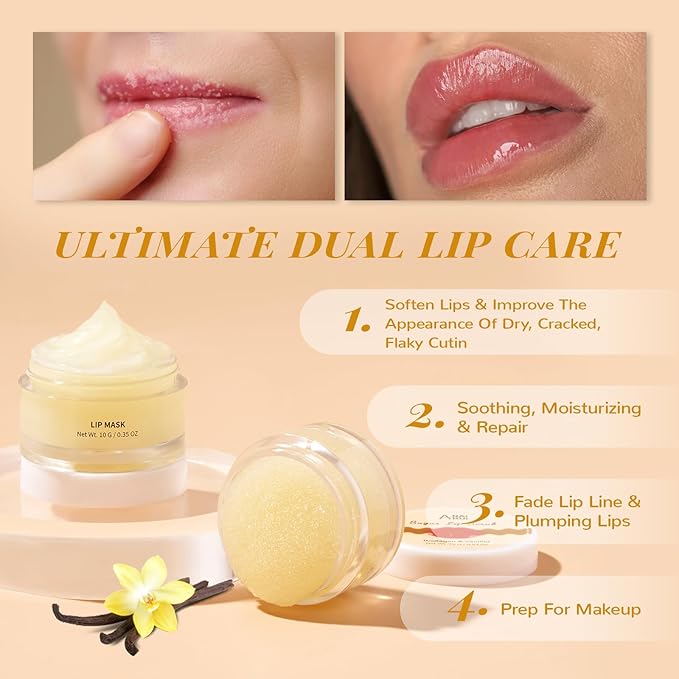 ANAI RUI Lip Mask and Scrub Set, Lip Sleeping Mask & Lip Exfoliator Scrub for Exfoliating, Lip Overnight Treatment, Lip Care Gift Kits for Dry, Chapped & Dark Lips, Holiday Gifts For Girls, Vanilla